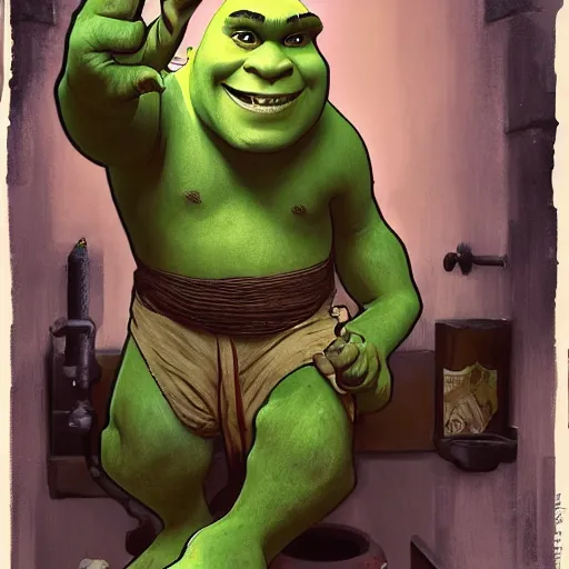 Image similar to Shrek on a toilet in the style of Krenz Cushart, Greg Rutkowski, Alphonse Mucha