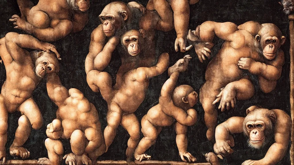 Image similar to fresco of chimpanzees, painted by Michelangelo, 1510