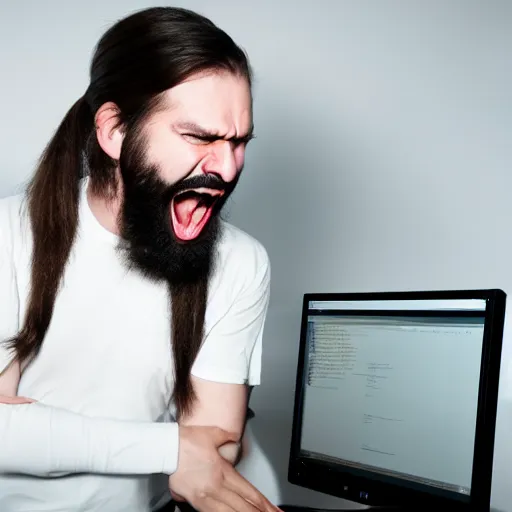 Prompt: Programmer screaming at the computer, male, ponytail and beard, realistic photo