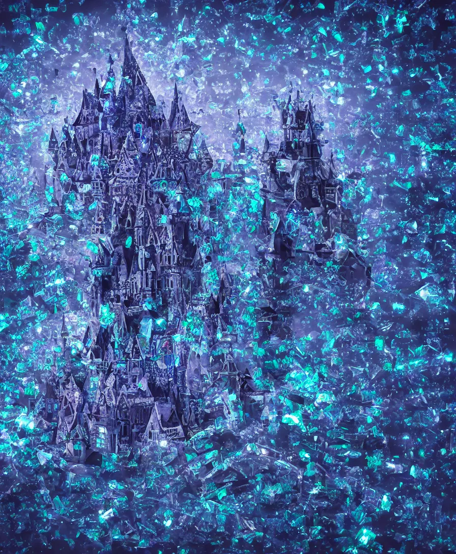 Prompt: an hd artistic photo of futuristic triangular castle, sky objects made of crystals floating around castle, all the things glowing in the dark, highly detailed