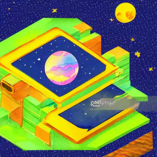 Image similar to isometric watercolor illustration of a printer floating in space, bright stars, flat sythwave artstyle