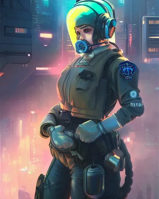 Image similar to anime key visual of a young female police officer, neon, futuristic gas mask, cyberpunk, futuristic, stunning, highly detailed, digital painting, artstation, smooth, soft focus, illustration, art by artgerm and greg rutkowski and alphonse mucha