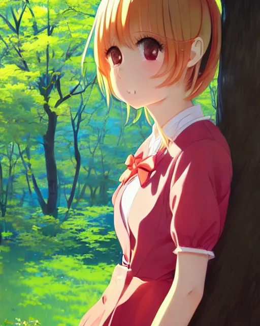 Image similar to very cute loli looking behind from a tree cabine | very very anime!!!, fine - face, audrey plaza, realistic shaded perfect face, fine details. anime. very strong realistic shaded lighting poster by ilya kuvshinov katsuhiro otomo ghost, magali villeneuve, artgerm, jeremy lipkin and michael garmash and rob rey