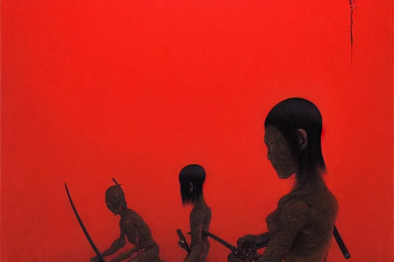 Image similar to only with red, a red samurai harakiri, tokio, a lot of frogs watch, in the style of beksinski, parts by edward hopper, parts by rodcenko, parts by yue minjun, intricate and epic composition, red by caravaggio, insanely quality, highly detailed, masterpiece, red light, artstation, 4 k