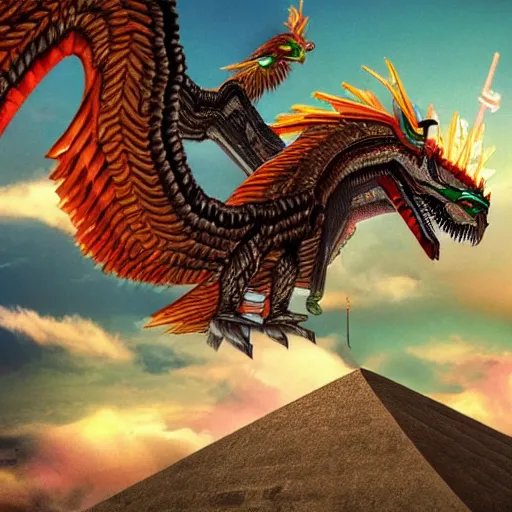 Image similar to : cinematic quetzalcoatl battling monsters on top of a pyramid