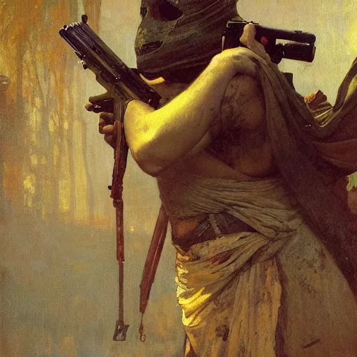 Prompt: half portrait of squirell with a gun! jeremy mann, jean leon gerome, alphonse mucha, greg rutkowski, hood covers his eyes, ( ( ruins of ancient rome ) ), at dusk, mysterious atmosphere, sunrays, dof, masterpiece, high detailed, 8 k