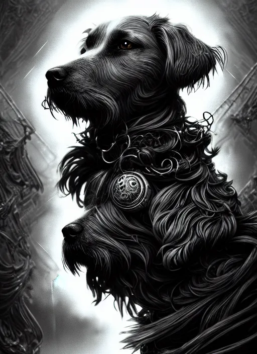 Prompt: dog as a god with flow hair and green eyes, very detailed face, black and white, detailed features, fantasy, circuitry, explosion, dramatic, intricate, elegant, highly detailed, digital painting, artstation, concept art, smooth, sharp focus, illustration, art by gustave dore, octane render