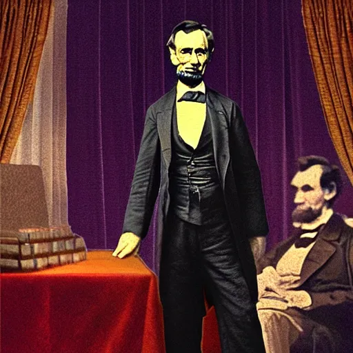 Prompt: a picture of abraham lincoln at ford's theater punching john wilks booth, 4 k, super detailed, viewed in profile, in the style of vaporwave!!!