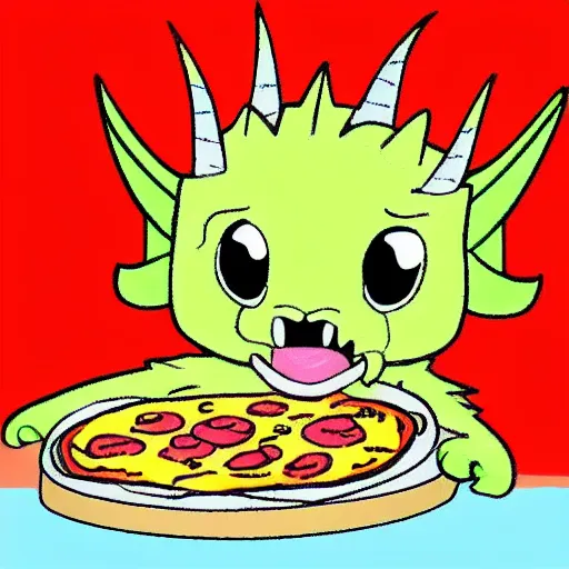 Image similar to A cute cartoon dragon eating pizza