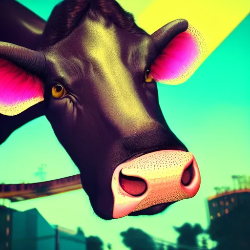 Image similar to synthwave cow face, detailed face, sharp focus, synthwave art, aesthetic, octane render