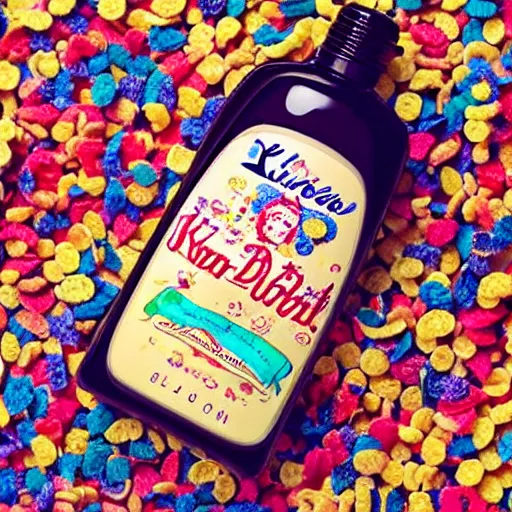 Image similar to a bottle of By Kilian 'Love Don't Be Shy' perfume, the bottle of perfume is laying on cereal, the cereal is Kelloggs Fruity Pebbles, high resolution photo,