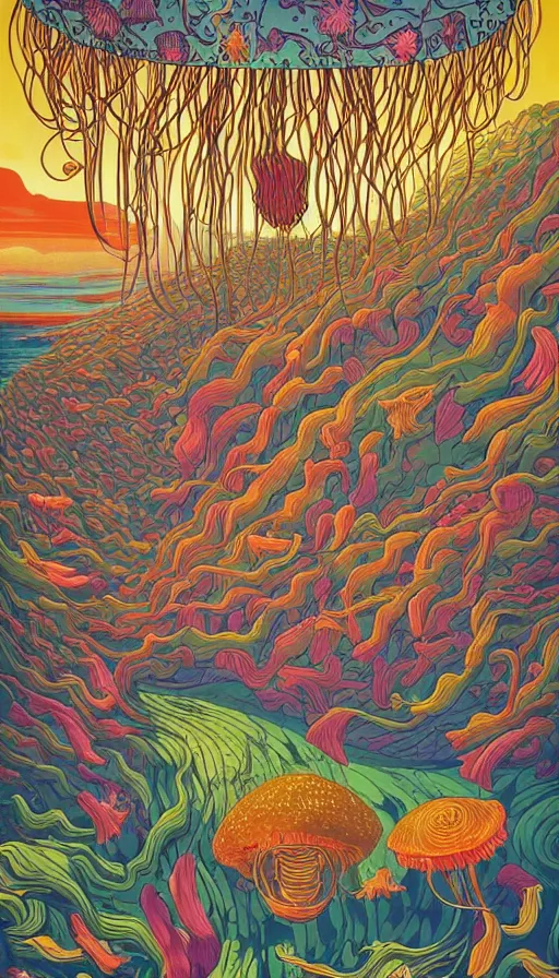 Image similar to The floral lands of the jellyfish, italian futurism, Dan Mumford, da vinci, Josan Gonzalez