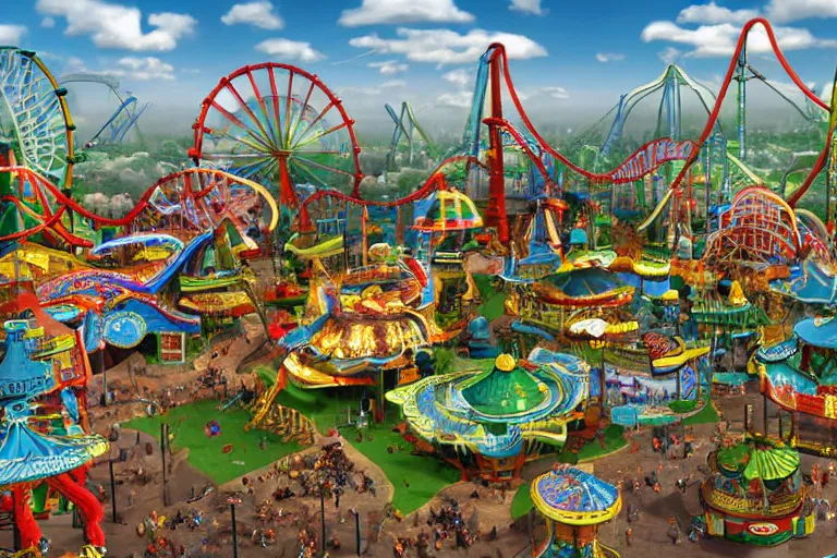 Image similar to a giant amusement park. fun. photorealism.
