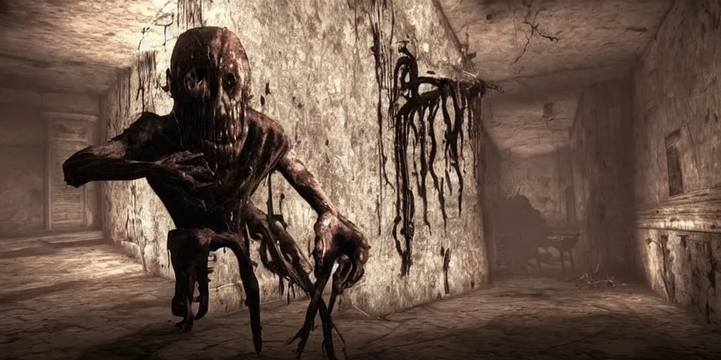 Image similar to capture of new creature from the horror game Amnesia: Darky dark dark (released 2026)