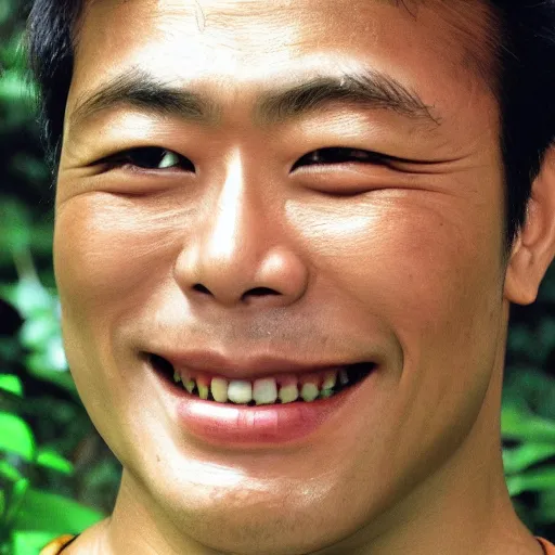 Prompt: an ultra - high - resolution close - up of saharat sangkapreecha in a lush green forest. photo from the front. a smart and beautiful man is smiling and has eye contact with the camera. the face is clear and symmetrical. the light is dim, and the colors are muted. kodak etkar 1 0 0.