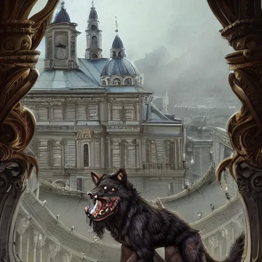 Image similar to werewolf highly sitting on the opera house at lviv, panorama, highly detailed, full body, digital painting, trending on artstation, concept art, sharp focus, illustration, art by artgerm and greg rutkowski and magali villeneuve