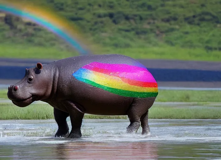 Prompt: a hippo has a propeller on its back instead of its tail and flies over a rainbow which is coming out of a crocs shoe