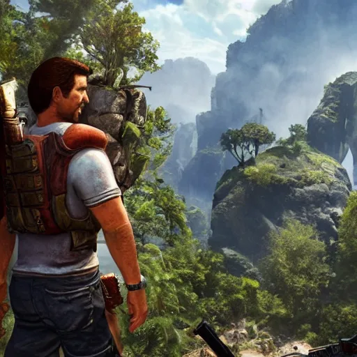 Image similar to will ferrell stars as nathan drake in the playstation 4 video game uncharted, detailed beautiful screenshot