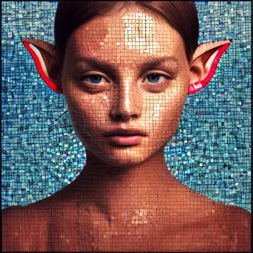 Image similar to mosaic portrait of a beautiful cute girl with robot ears by Saimir Strati, 4k, intricate details, digital, water