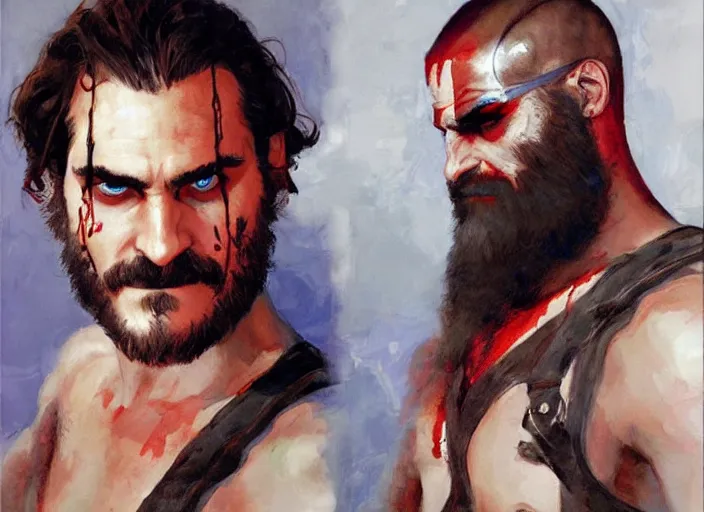 Image similar to a highly detailed beautiful portrait of joaquin phoenix as kratos, by gregory manchess, james gurney, james jean