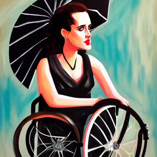 Prompt: modern stylized oil painting caricature of sansa eva green in wheelchair, cinematic dramatic lighting