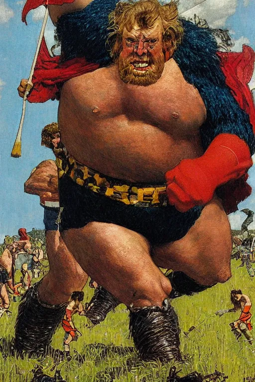 Prompt: full body portrait of huge hulking giant haystacks as superhero, simple background, painted by jack kirby, lawrence alma tadema, norman rockwell, greg staples, wayne barlow, jacob collins, tom lovell, frank schoonover, neville page