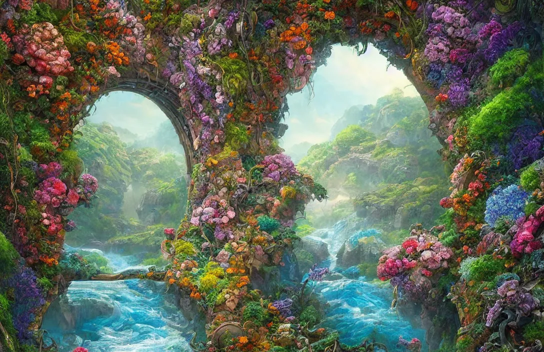 Prompt: a painting of a river winding through a large metallic portal in a cliff valley garden with flowers and plants, a detailed matte painting by android jones :. 0 6, cgsociety :. 5, psychedelic art :. 2 5, detailed painting :. 1, greeble :. 5, biomorphic