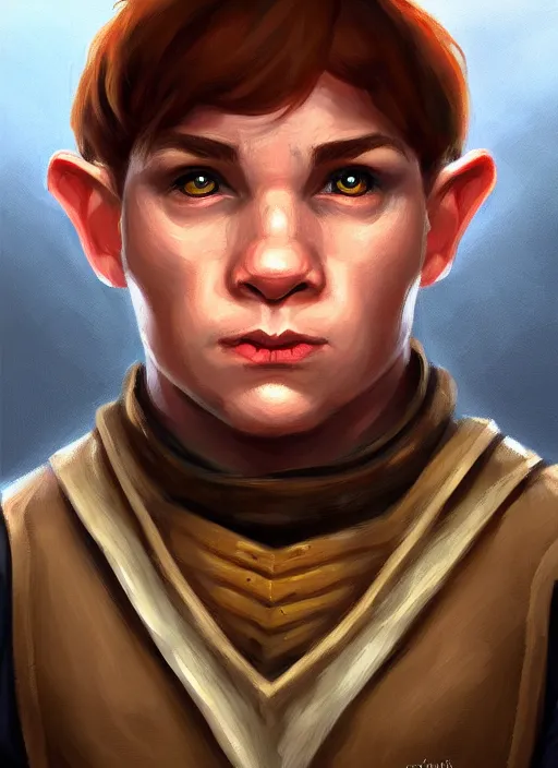 Image similar to symmetry!! oil painting digital art dungeons & dragons facial portrait of a halfling male cleric, with a ponytail!!, elegant, highly detailed, digital painting, artstation, concept art, sharp focus, illustration, art