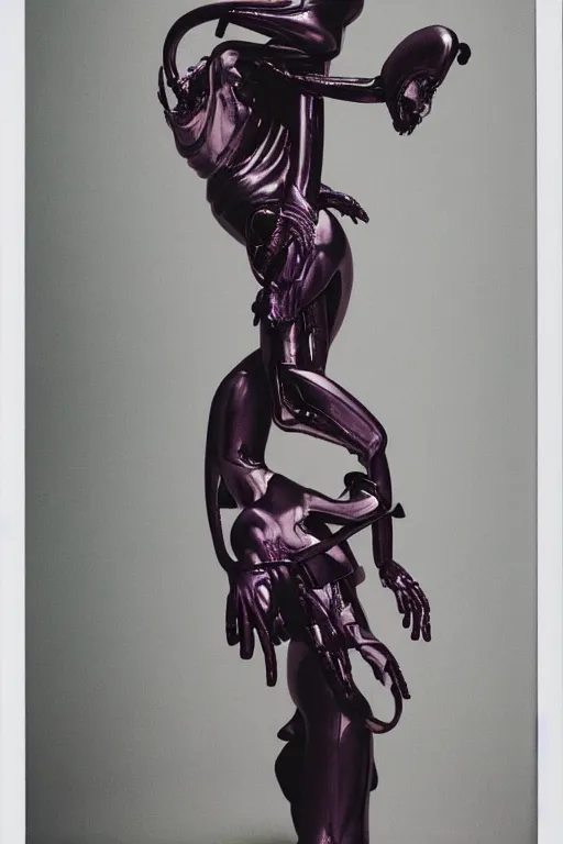 Prompt: instax still frame of Faceless Void from Alien and Prometheus by Guo Jian and Yue Minjun featured in Vogue editorial fashion photography, haute couture dressed by Givenchy and Salvatore Ferragamo painted by Andrea Pozzo, in lush metal and porcelain by