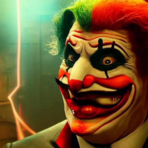 Prompt: donald trump as a joker - clown! in gears of war, splash art, movie still, cinematic lighting, ray tracing, detailed trump joker - clown face!, octane render, long lens, shallow depth of field, bokeh, anamorphic lens flare, 8 k, hyper detailed, 3 5 mm film grain