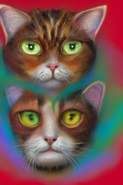 Image similar to Recursive image with a well rounded Calico feline, large eyes, shiny soft fur, anatomically correct, surrounded by matte mirroring swirling wisps of jelly blobs, oil pastels and gold, in the style of albert lynch, modeled in Poser, Redshift render, UHD