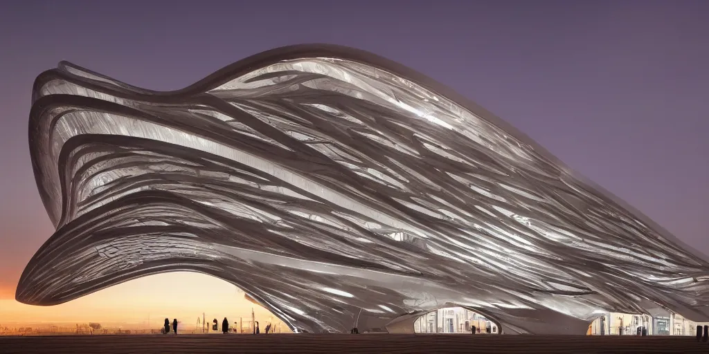 Image similar to extremely detailed ornate stunning sophisticated beautiful elegant futuristic museum exterior by Zaha Hadid, stunning volumetric light, stainless steal, concrete, translucent material, beautiful sunset, tail lights