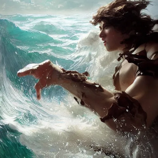 Image similar to epic battle brown haired boy summons a huge wave of water. detailed. masterpiece. dramatic. rule of thirds. jc leyendecker. repin. ruan jia.