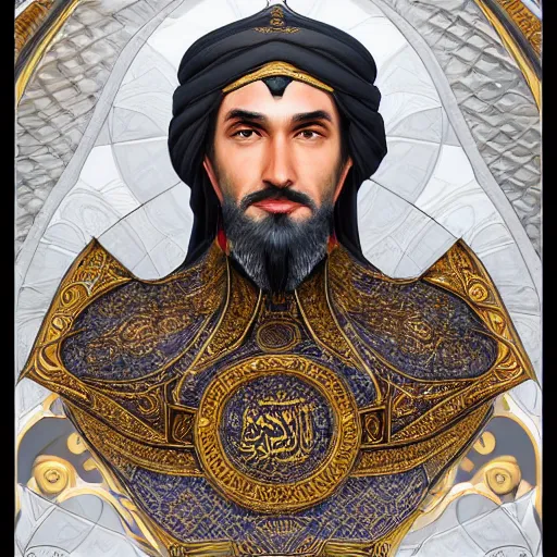 Prompt: A portrait of sultan Saladin, intricate, ornate, Hyperdetailed, digital art, behance, artstation, smooth, sharp focus, bokeh, illustration, digital painting, elegant, symmetrical