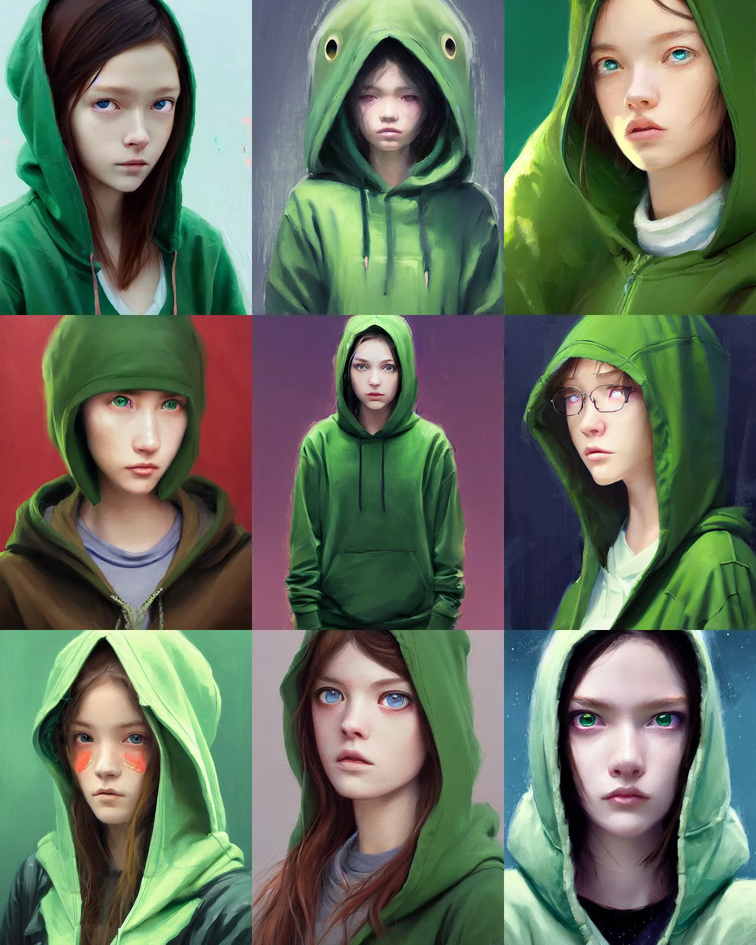 Image similar to a painting of a fully dressed girl wearing a hoodie upper body with beautiful green eyes, highly detailed, digital painting, artstation, sharp focus, dreamy illustration, art by katsuhiro otomo ghost - in - the - shell, artgerm, jeremy lipkin and giuseppe dangelico pino and michael garmash and rob rey