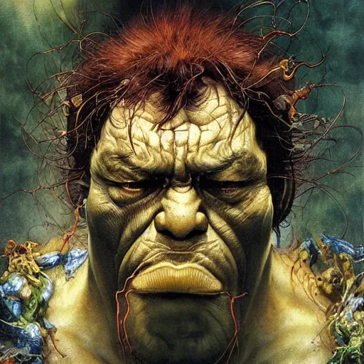 Prompt: detailed masterpiece head and shoulders portrait of struggling Hulk by Ayami Kojima, Amano, Karol Bak, Greg Hildebrandt, and Mark Brooks, rich deep colors. agony. Beksinski painting, part by Adrian Ghenie and Gerhard Richter. art by Takato Yamamoto. medium shot. masterpiece . intricate artwork by Tooth Wu and wlop and greg manchess, greg rutkowski, very coherent artwork, cinematic, hyper realism, high detail, octane render, unreal engine, 8k, Vibrant colors, Smooth gradients, High contrast. by Katsuhiro Otomo, inspired by anime, movie grain, intricate detail, extremely detailed. painting by Arthur Rackham, Eugene de Blaas, Frederic Leighton