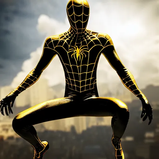 Image similar to gold spider - man suit with black web lining, cinematic, volumetric lighting, realistic, hyperdetailed, photorealistic, photograph