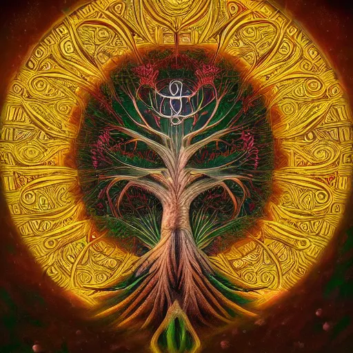 Image similar to a portrait of the holy tree of life, spring, flowers, holy geometry, by Mohrbacher and Moebius, cinematic lighting, masterpiece, golden ratio background, highly detailed, 8k resolution, trending on art station