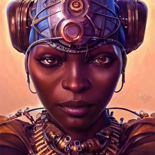 Image similar to african steampunk alchemist, science fiction, highly detailed, digital painting, beautiful eyes, symmetry, concept art, sharp focus, illustration, global illumination, radiant light, detailed and intricate environment, art by artgerm and greg rutkowski and magali villeneuve and ilya kuvshinov!