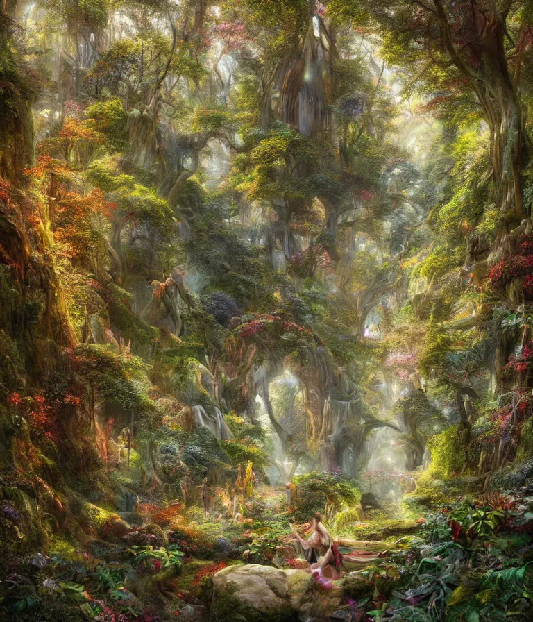 Prompt: a beautiful hyperrealistic detailed painting of a thin climbing path climbing through an enchanted fantasy forest, by federic edwin church, by alex heywood, by hayao miyazaki, epic scale, 3 d, brilliantly coloured, intricate, ultra wide angle, trending on artstation, golden ratio, morning, volumetric lighting, polished, micro details