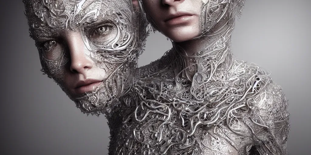 Prompt: realistic photography of a beautiful cyborg androgynous humanoid, holding close, in liquid, intricate filigree, in the style of beth cavener, jin kagetsu, wlop, highly detailed, symmetry, masterpiece, concept art, ringflash, highkey lighting, ambient lighting, octane render, 8 k, artstation