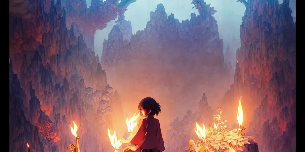 Image similar to the girl and the magic dragons cave. anime visual. torches, dark. by hayao miyazaki and rossdraws and artgerm and chie yoshii and detmold and greg rutkowski and alphonse mucha. anime production by studio ghibli. high quality, stunning, intricate detailed environment. 8 k