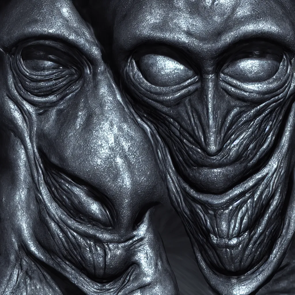 Prompt: a realistic render of an alien detailed face, black eyes, black background, studio lights, frontal view