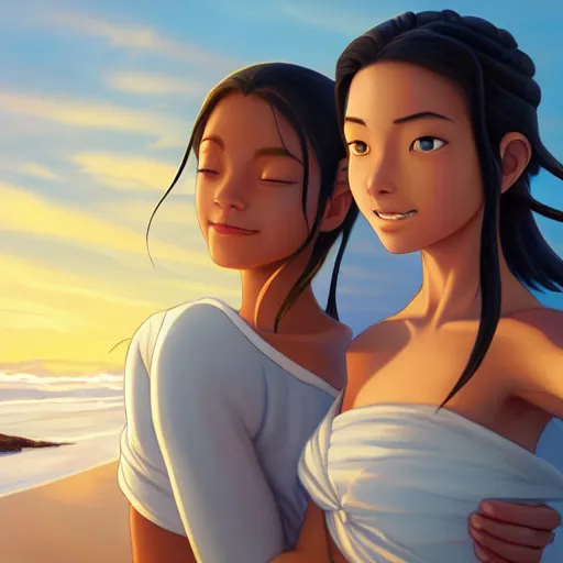 Image similar to beautiful serene intricate portrait of katara and toph beifong taking a selfie, smiling softly, relaxing on the beach, golden hour, soft focus, 8 k, art by irakli nadar, hyperrealism, hyperdetailed, ultra realistic