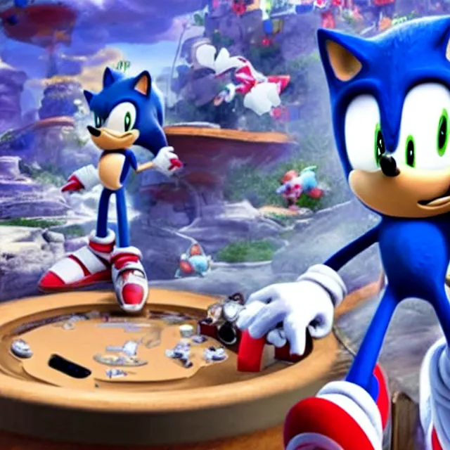 Prompt: still of sonic playing videogames in sonic the hegdehog movie