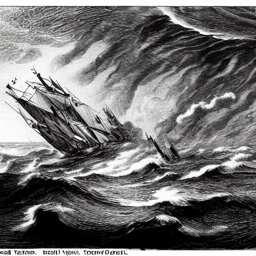 Image similar to large ship being tossed about in a fierce storm in the sea, dark, low light, terrifying, beautiful, john tenniel illustration