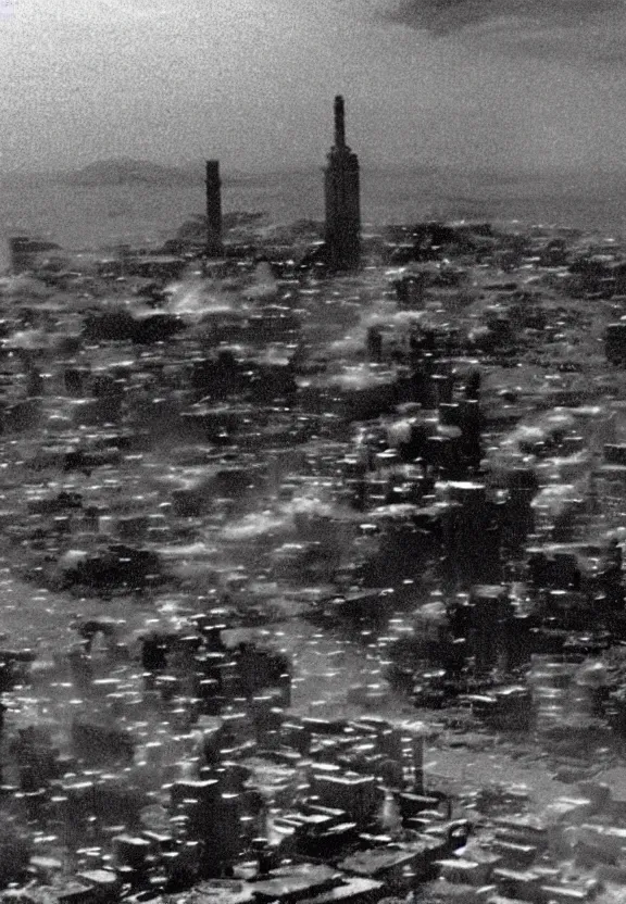 Image similar to Pulgasari the North Korean starfish monster destroying Pyongyang city, volumetric lighting, filmstill, produced by Kim Jong-il, Kodachrome, kaiju-eiga, monster movie, communist propaganda, film noir, 35mm film grain, Cooke Varotal 20-100mm T3.1, monochrome, in the style of Ishirō Honda and Akira Kurosawa