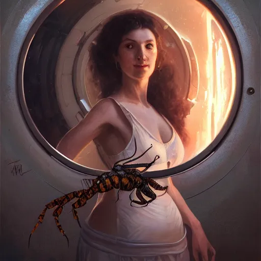 Image similar to a nineteenth - century woman with an uncovered breast holding a scorpion in his hand, inside a spaceship with the earth rom the porthole, highly detailed, concept art, art by wlop and artgerm and greg rutkowski, masterpiece, trending on artstation, 8 k