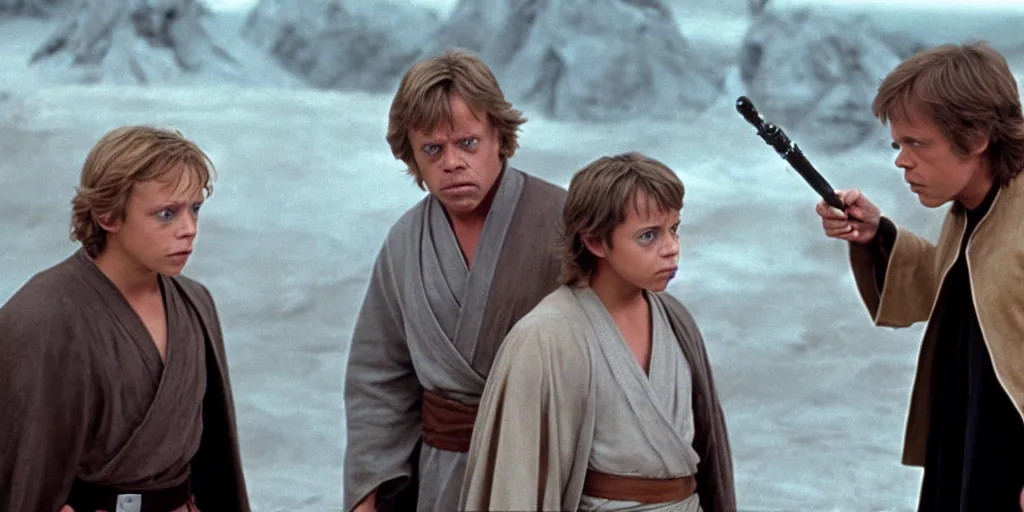 Image similar to A still of Mark Hamill as Jedi Master Luke Skywalker on the right, talking to a young female Jedi student on the left, in a Star Wars Sequel, 1990, Directed by Steven Spielberg, 35mm