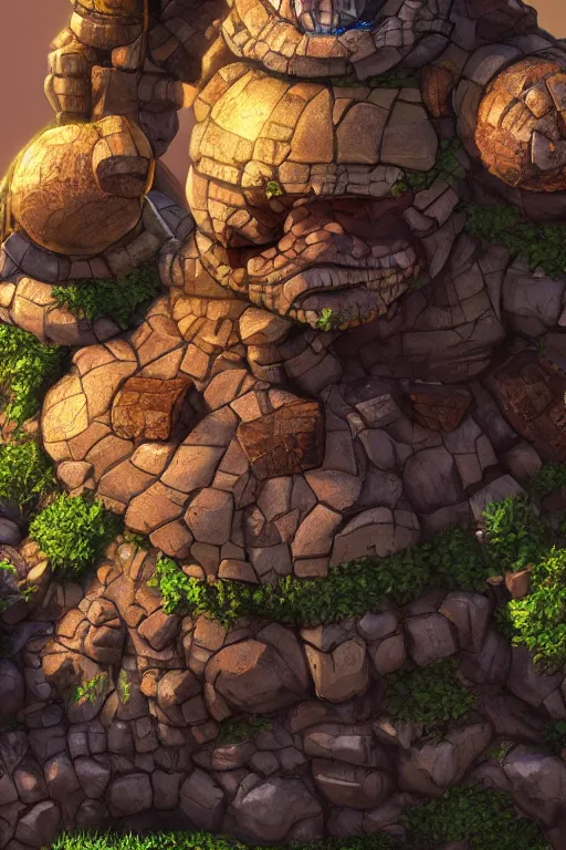 Image similar to zelda fantasy art giant golem troll wood rock greeble gemstone, global illumination ray tracing hdr fanart arstation by sung choi and eric pfeiffer and gabriel garza and casper konefal